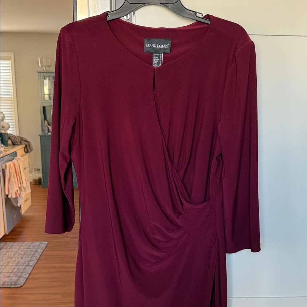 Frank Lyman Wine L/S Dress Ruched Split Neck Boutique Sz14 EUC wedding guest